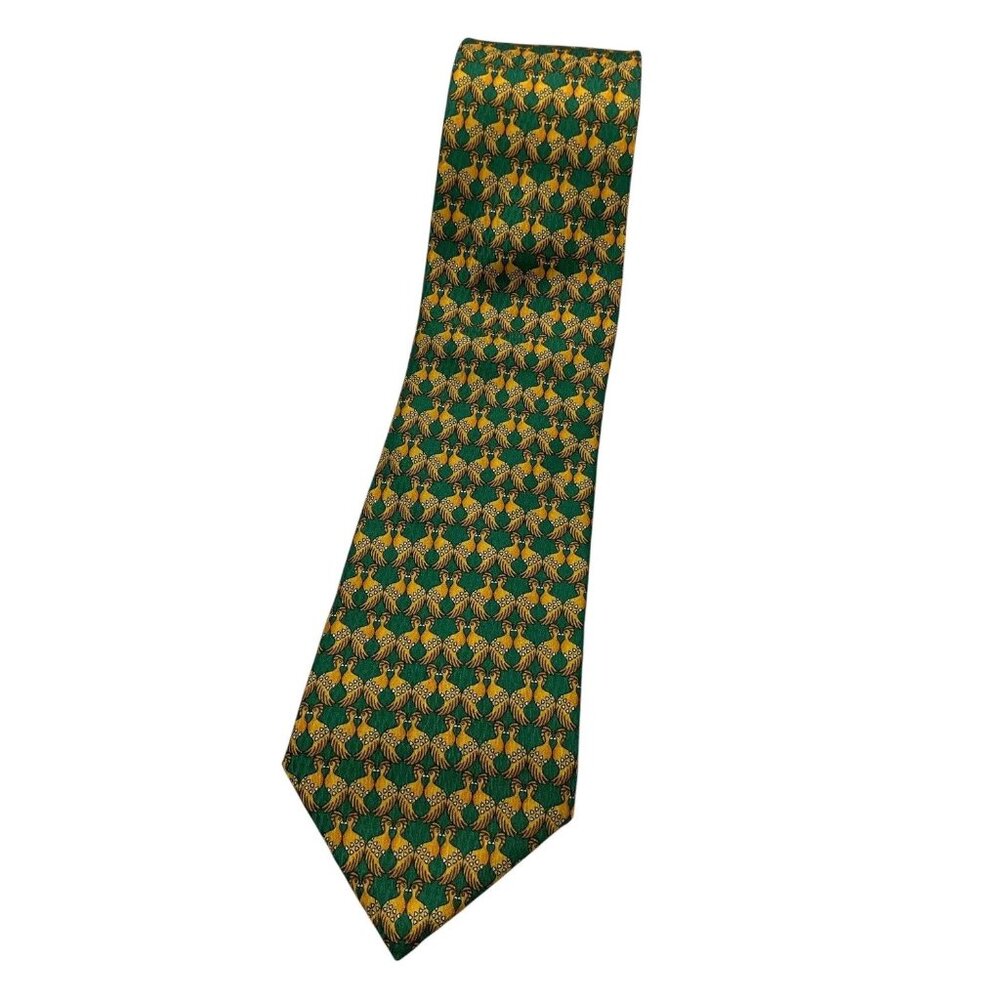 DAKS Men's 100% Silk Necktie LUXURY Tie Green Gold Bird W:3.7" EUC